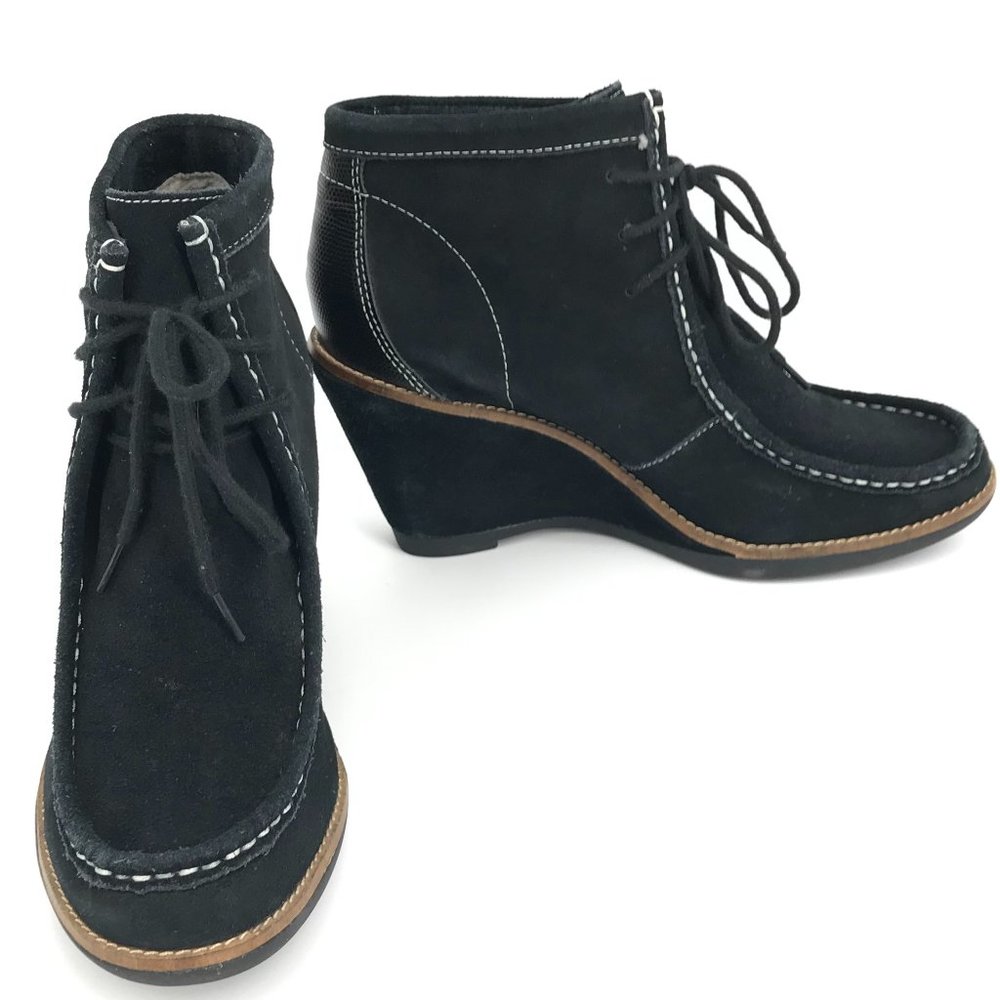 HUSH PUPPIES SUEDE WEDGE LACE UP ANKLE BOOTS SZ 10/ BLACK🖤